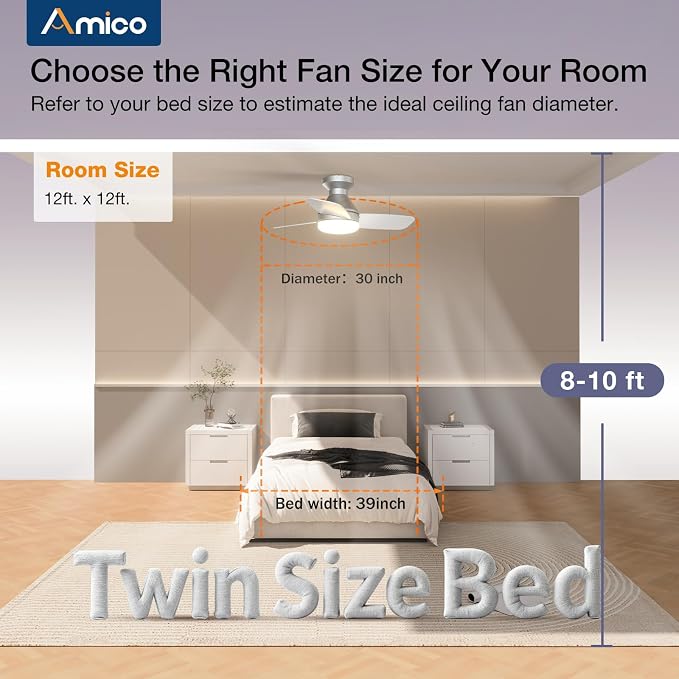 Amico Ceiling Fans with Lights, 30 Inch Low Profile Ceiling Fan with Light and Remote Control, Flush Mount, Reversible, 3CCT, Dimmable, Noiseless, Silver Ceiling Fan for Bedroom, Indoor/Outdoor Use