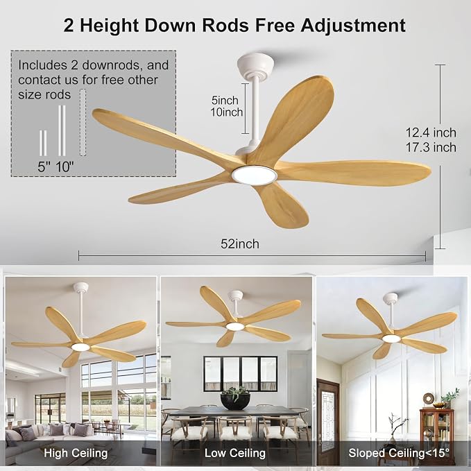 52 Inch White Ceiling Fans with Lights and Remote Control, 5 Blade Natural Wood Ceiling Fan with Light, Modern Indoor Outdoor Ceiling Fan for Patio, Bedroom, Dimmable, Reversible DC Motor