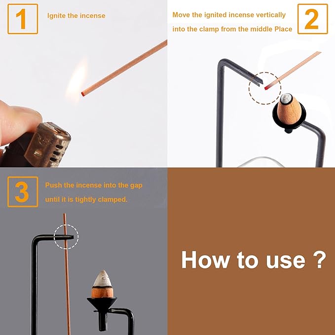 Incense Holder for Sticks and Incense Burner for Cone Incense Set, Upside Down Incense Burner with Removable Glass Ash Catcher Anti-Ash Flying Black