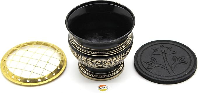 Govinda® -Tall Decorated Brass Charcoal Screen Incense Burner