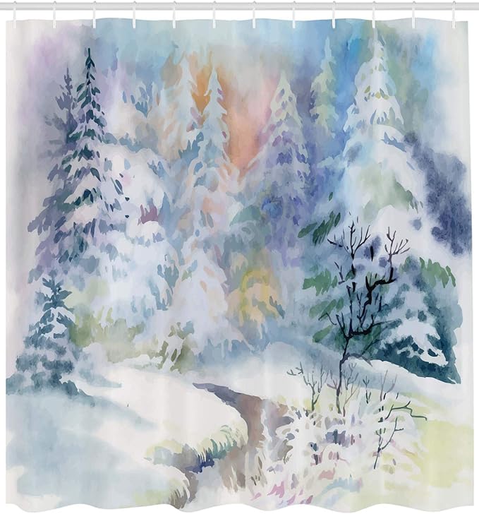 Ambesonne Winter Shower Curtain, Watercolor Painting Interpretation of a Snowy Scene and Blurred Pattern, Cloth Fabric Bathroom Decor Set with Hooks, 69" W x 75" L, Mauve Blue