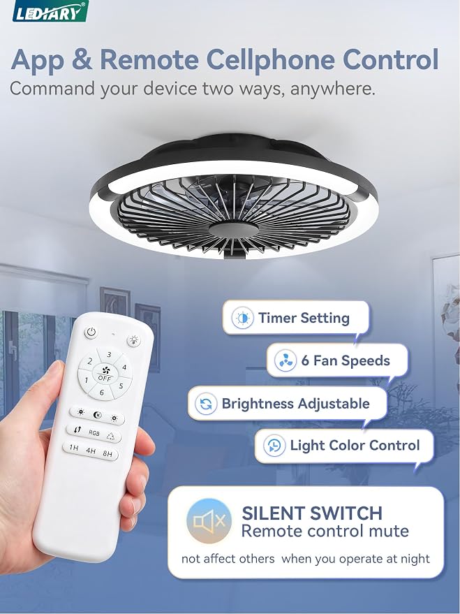 LEDIARY 20" Bladeless Ceiling Fan with Light,Low Profile LED Ceiling Fans with Remote & Smart APP Control, Modern Enclosed Flush Mount Fandelier, 3000-6000K,Bedroom,Kids Room-Black RGB
