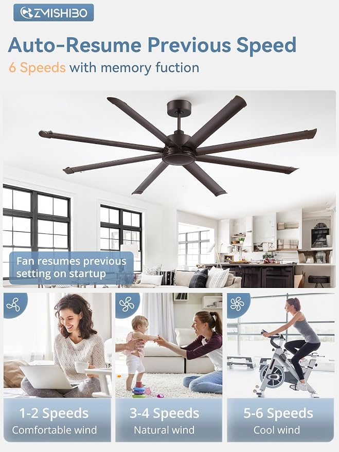 ZMISHIBO 84" Large Industrial Ceiling Fans No light with Aluminum 8 Blades, Commercial Ceiling Fan without Light,Quiet DC Motor, 6 Speeds, Indoor Outdoor Ceiling Fan for Patio,Garage,Shop, Oil Bronze
