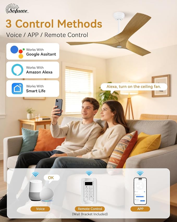 Sofucor 52 Inch Smart Ceiling Fan No Light, Modern Ceiling Fan with 3 Plastic Blades, Compatible with Alexa/Google/App, 6 Speeds 4500CFM, Timer Quiet Reversible DC Motor, ETL/FCC