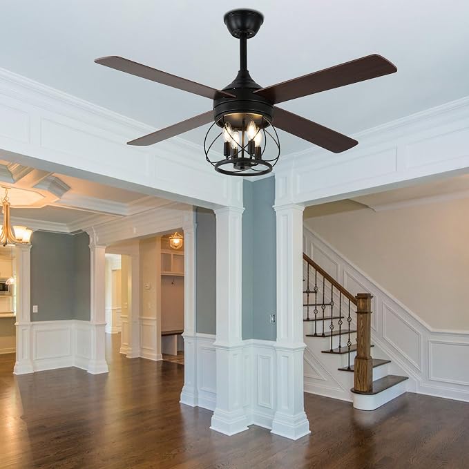 52" Farmhouse Ceiling Fan with Lights and Remote, Rustic Ceiling Fan Black Caged Fandelier 4-Lights Industrial Chandelier for Bedroom Living Room, Reversible Quiet DC Motor 6 Speeds