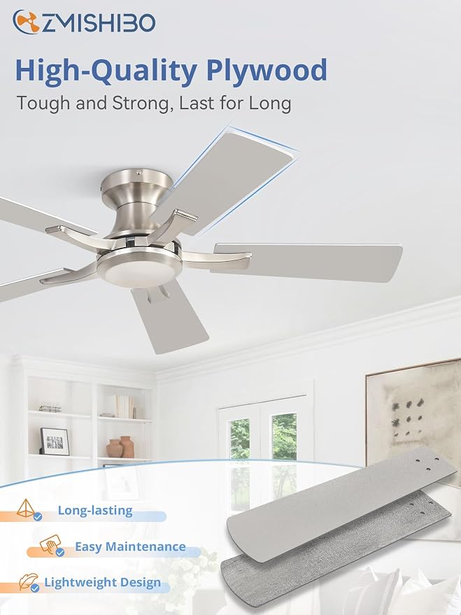 ZMISHIBO 42 Inch Ceiling Fan No Light, Flush Mount Low Profile, Modern Nickel Ceiling Fan Without Light, Remote Control & Quiet DC Motor, for Indoor&Outdoor, Bedroom, Living Room