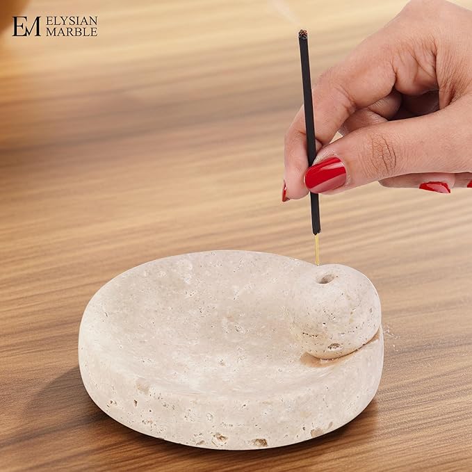 Incense Holder for Sticks, Natural Marble Incense Burner Ash Catcher Plate for Palo Santo, Sage, Meditation, Yoga and Home Decor - Travertine