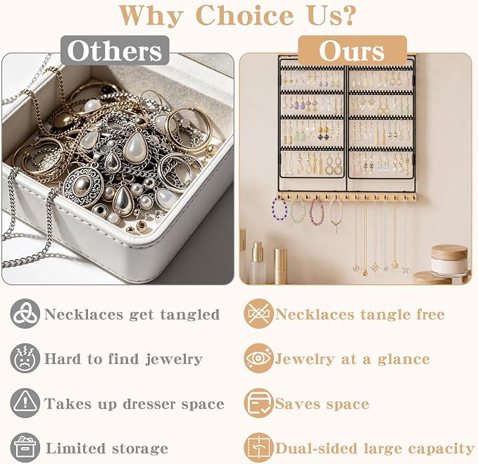 Hanging Jewelry Organizer 4-Tier Wall Earring Holder for Necklaces, Rings | Natural wood & solid metal wall jewelry rack , Dual earring grid slots & bottom hooks store earrings, bracelets