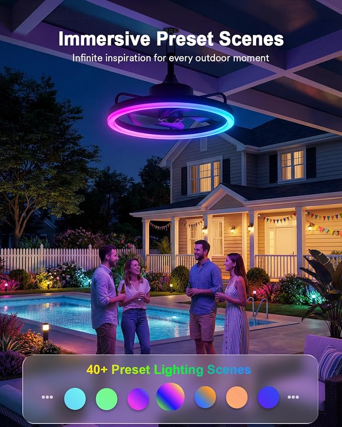 Lumary Smart Gazebo Ceiling Fans with Color Lights for Patios Outdoor, 20in | RGBAI+White Dimmable, Wi-Fi Bluetooth Connect, Work with Alexa/Google/APP, Waterproof Plug in Ceiling Fan with Hook/Remote