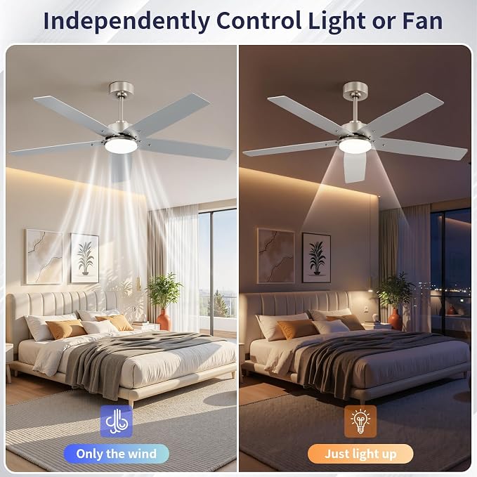 52 Inch Ceiling Fans with Lights and Remote for Bedroom Living Room Kitchen Home Office Indoor/Outdoor, 18W 3CCT Dimmable, Dual Color 5 Blades 6 Speed Reversible Quiet DC Motor, Sand-nickel/Wood Grain