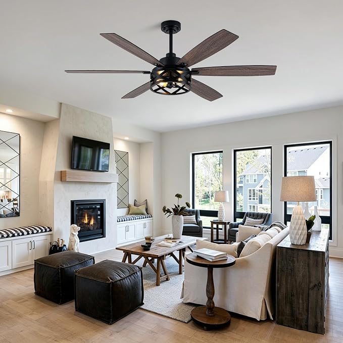 Bella Depot 60" Ceiling Fan with Light, Farmhouse Chandelier Ceiling Fan with Lights and Remote, Caged Rustic Indoor Fandelier with Silent Motor for Dining Living Room Bedroom, (bulbs not included)