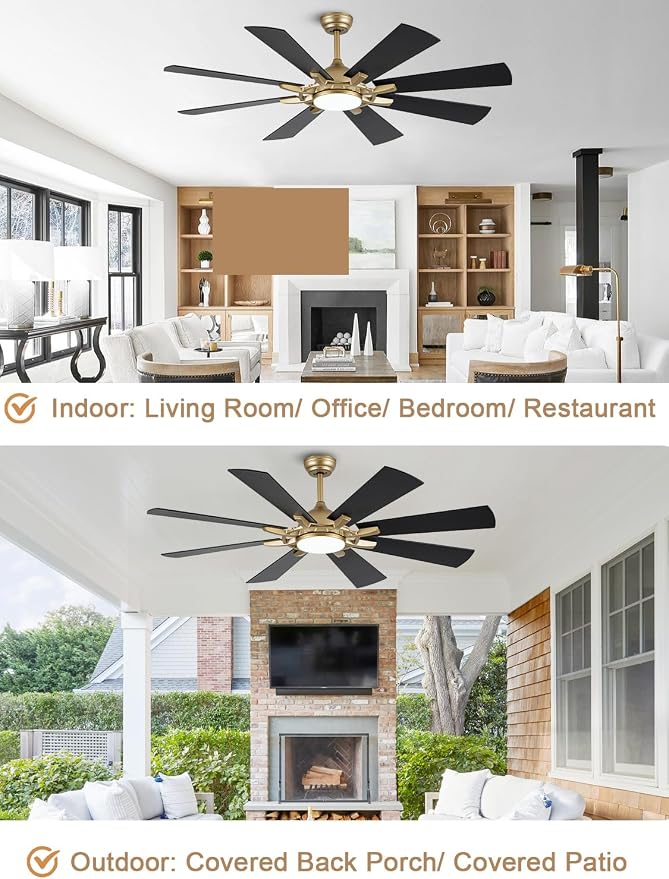 60" Black and Gold Ceiling Fan with Lights and Remote, LargeFandelier Ceiling Fan Modern Chandelier 3CCT LED Light for Living Room Indoor Porch, Reversible Quiet DC Motor 6 Speeds