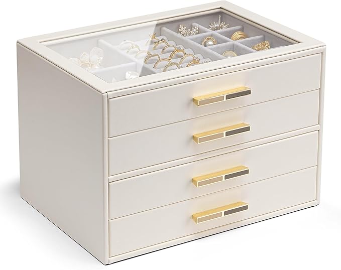VLANDO 4-Drawer Jewelry Box with Glass Lid, Faux Leather Organizer for Rings Earrings Necklaces and More, Gift-Ready Jewelry Case for Women Girls or Moms, Beige