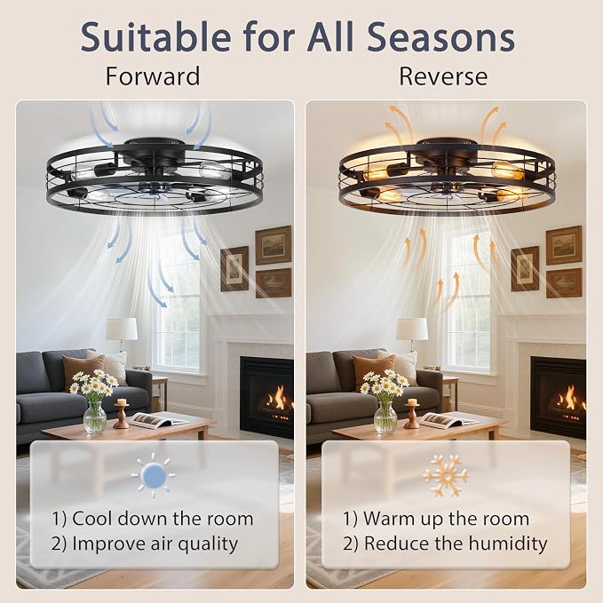 VOLISUN 27.6'' Caged Ceiling Fan with Light and Remote,Rustic Low Profile Ceiling Fan with Light Flush Mount, Farmhouse Bladeless Fandelier Ceiling Fans with Lights for Kitchen,Bedroom-Black