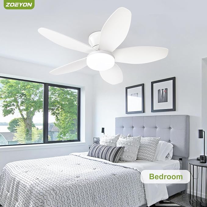Small Ceiling Fan with Light - 35 Inch Flush Mount Ceiling Fan with Lights and Remote, Low Profile Ceiling Fans with 5 Reversible Blades, 6 Wind Speeds, White Ceiling Fans for Bedroom