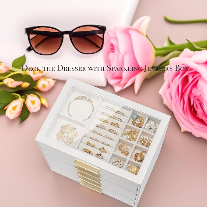 VLANDO 5-Drawer Jewelry Box with Glass Lid, Faux Leather Organizer for Rings Earrings Necklaces and More, Gift-Ready Jewelry Case for Women Girls or Moms, White