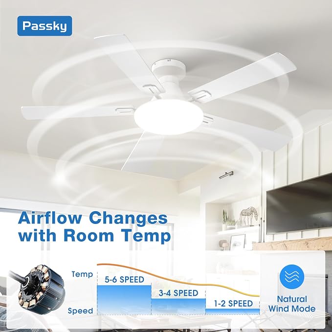 Passky Ceiling Fans with Lights, 52 inch Flush Mount Ceiling fan with Remote Control, Low Profile Ceiling Fan for Bedroom, Farmhouse, Reversible, 3CCT, Dimmable, Noiseless DC Motor, White