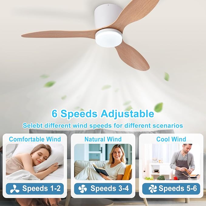 Depuley Flush Mount Ceiling Fan: 42-Inch White Ceiling Fans with Lights for Bedroom Indoor Outdoor - Low Profile Ceiling Fans with Remote Control 24W 3CCT Dimmable 3 Reversible Wood Blades 6 Speeds