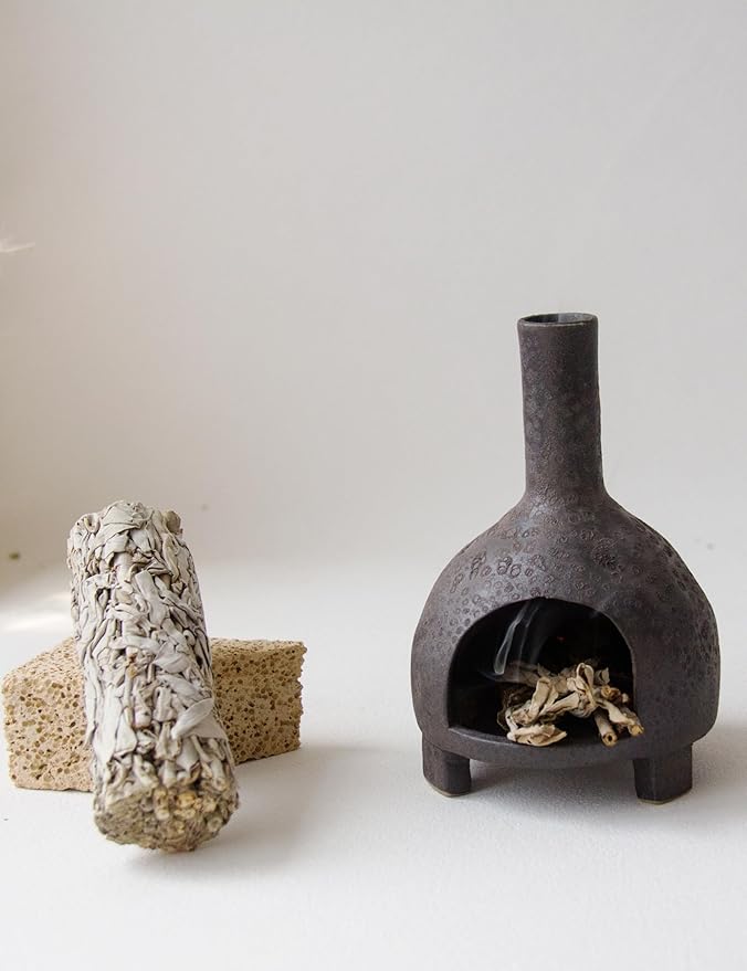 Sculptural Ceramic Incense Holder & Burner, Handmade Textured Clay with Black Glaze, for Sage & Palo Santo, Rustic Natural Decor for Wabi-Sabi Yoga & Meditation