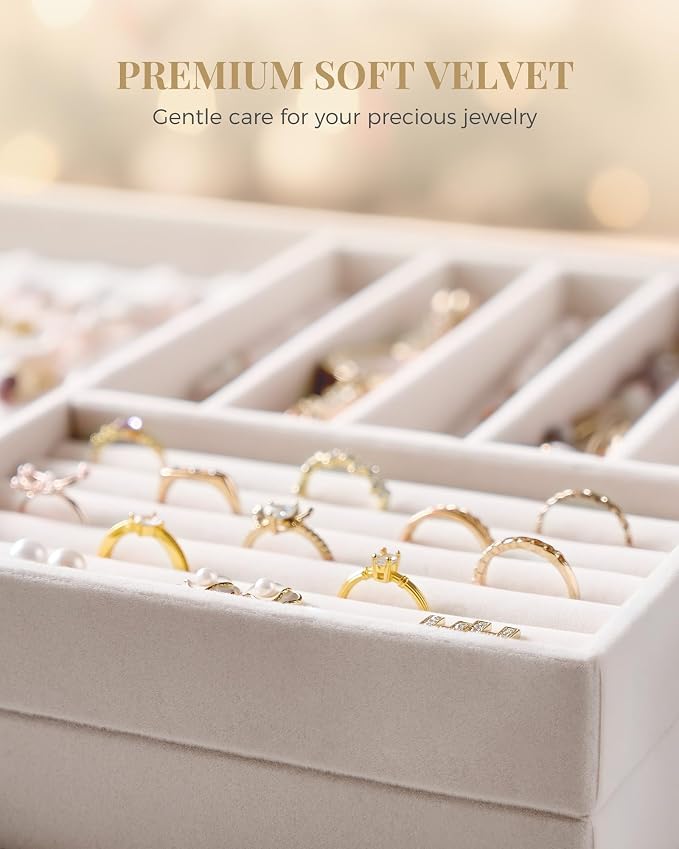 Lolalet Jewelry Drawer Organizer Inserts, Stackable Velvet Tray Jewelry Storage Organizers Set Display Cases for Necklaces Bracelets Earrings Rings Chains Bangles Watches, Beige, Set of 4
