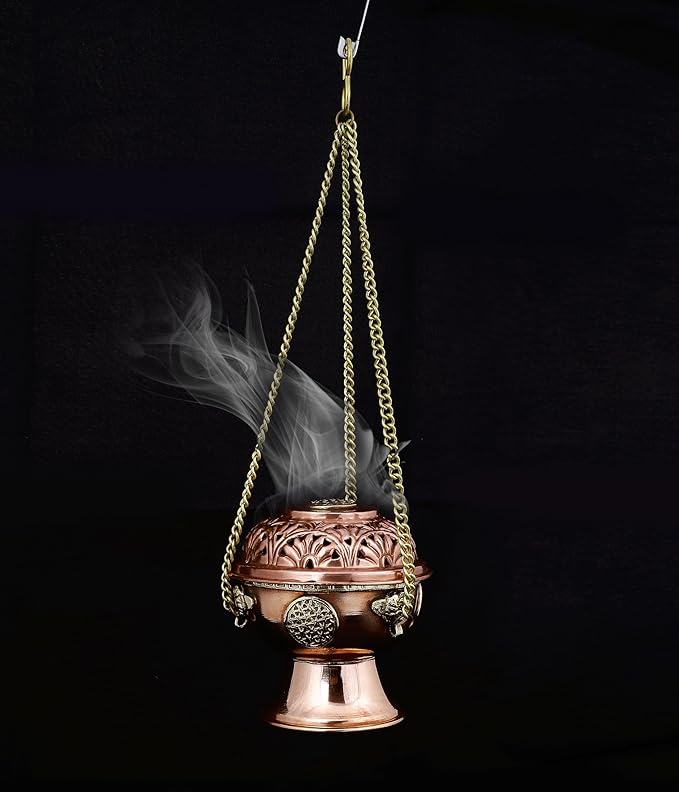 Indian Consigners Copper Altar Incense Charcoal Burner Holder with Chain (Flower of Life)