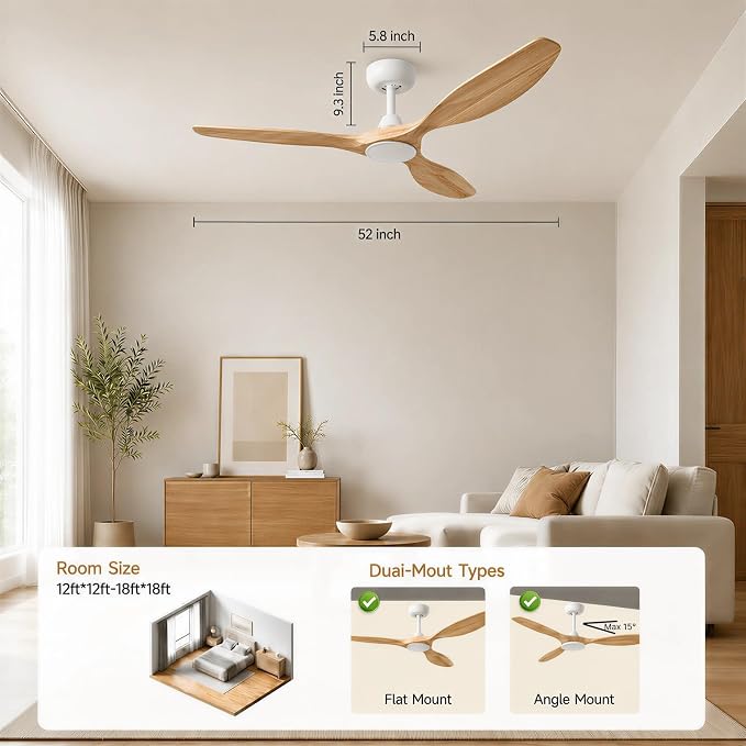 Skylike 52" Wood Outdoor Ceiling Fan with Lights, Propeller Farmhouse Ceiling Fan and Remote Control, 3 Blade Light Wood Ceiling Fan for Patio,Porch, Gazebo, Bedroom
