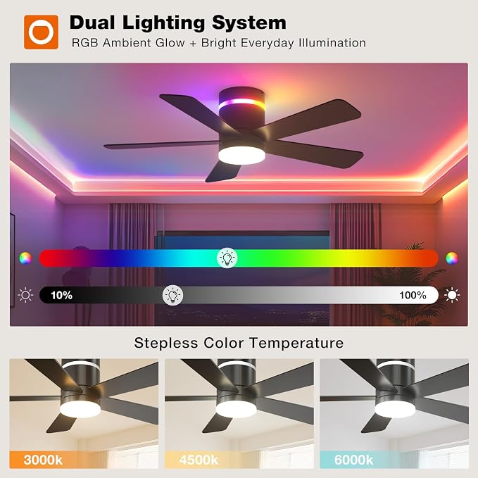 addlon RGB Ceiling Fans with Light, 42‘’ Low Profile Flush Mount Small Ceiling Fan, Remote Control/APP Control, Reversible, Sleek Modern Fan for Bedroom, Living Room, Kids Room, Indoor/Outdoor, Black