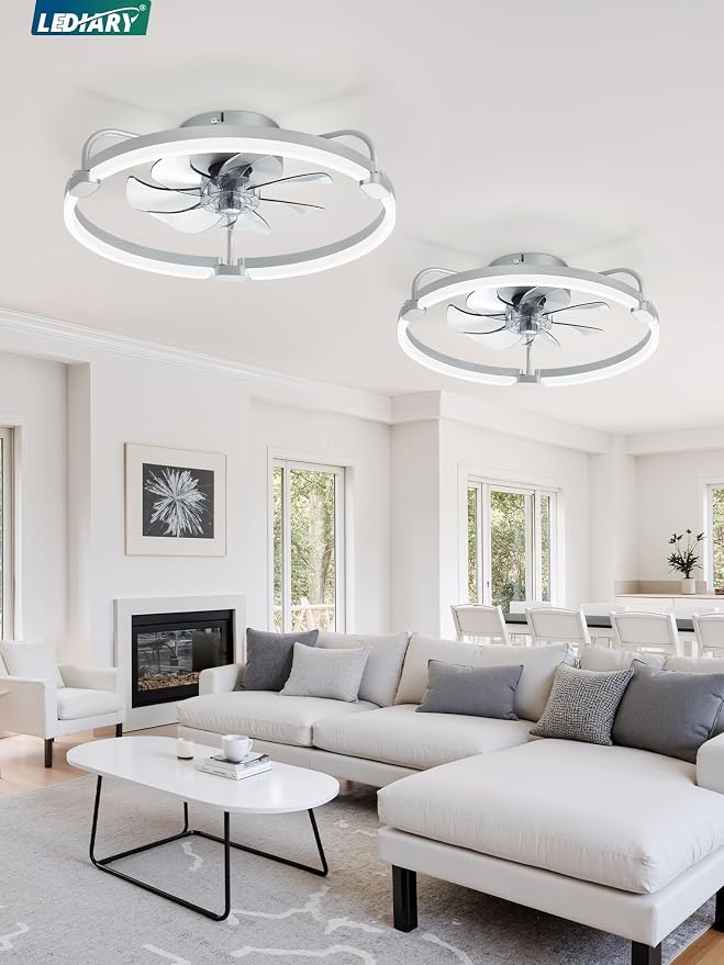 LEDIARY 2 Pack Ceiling Fans with Lights and Remote, 20'' Low Profile Ceiling Fan with Light, 3000-6000K Dimmable Fandelier LED Fan Light, 6 Wind Speeds, Grey Flush Mount Ceiling Fan for Bedroom
