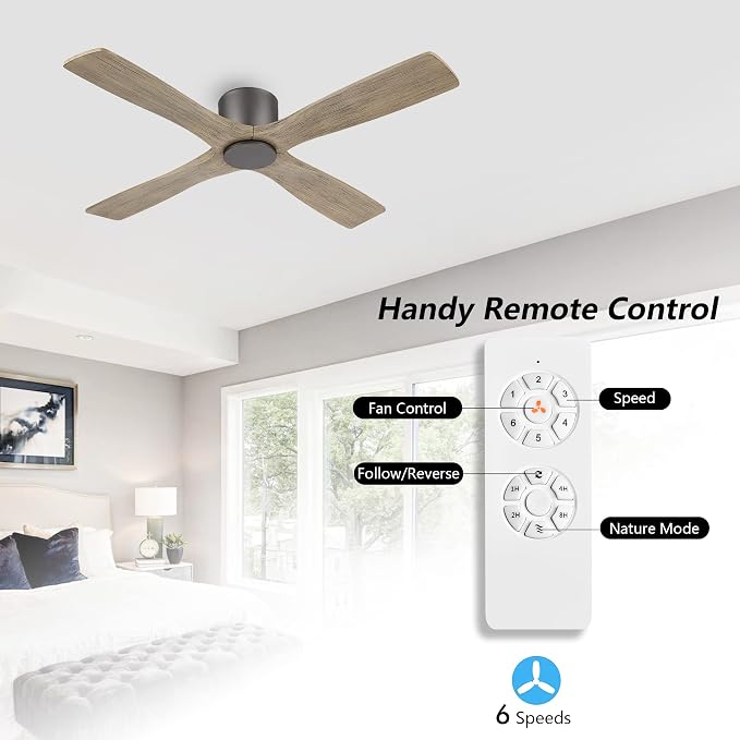 WINGBO 48 Inch Flush Mount DC Ceiling Fan without Lights, 4 Reversible Carved Wood Blades, 6-Speed Noiseless DC Motor, Hugger Ceiling Fan No Lights in Graphite Finish with Gray Blades, ETL Listed