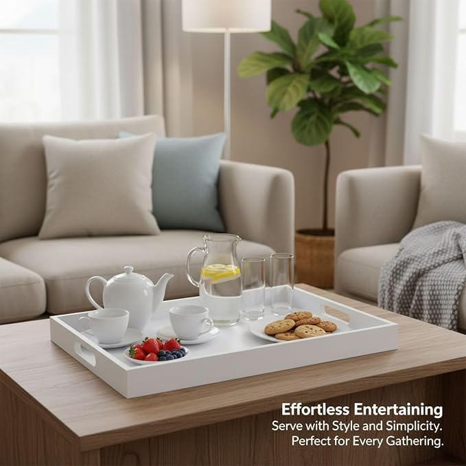 Krismax Wooden Serving Tray with Handles, Serving Platter 15.7x11.4 Inch Food Drinks Tray for Coffee Table,Decorative Storage Tray for Entertaining, Breakfast Tray in Bed,Lunch,Dinner,BBQ(White)