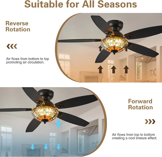 Tiffany Ceiling Fans with Lights - 48" Ceiling Fan Chandelier with 5 Dual-Blades and Glass Shade, 6 Speeds and Reversible, Indoor and Outdoor, Retro Style