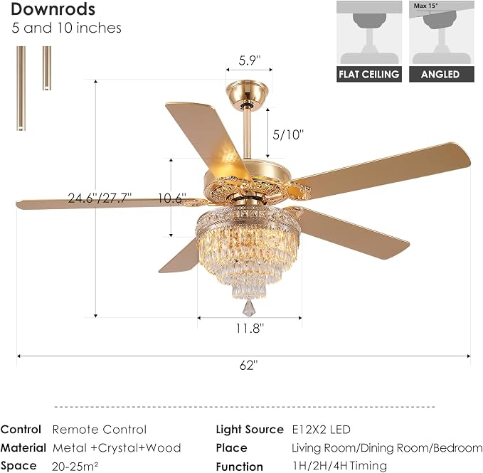 62"Golden Crystal Chandelier Ceiling Fans with Lights and Remote Control | Classical Design,6 Reversible Speeds,30W Quiet DC Motor,5 Wooden Blades,3*E12 LED Bulbs Included,for Living Room Bedroom