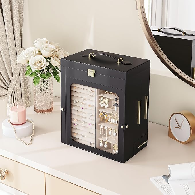 HOOBRO Jewelry Box with Mirror, Travel Jewelry Organizer with Glass Window, Jewelry Storage Case, Vertical Storage, Gift for Loved Ones, for Earrings, Rings, Necklaces, Bracelets, Black BK03JB04G2