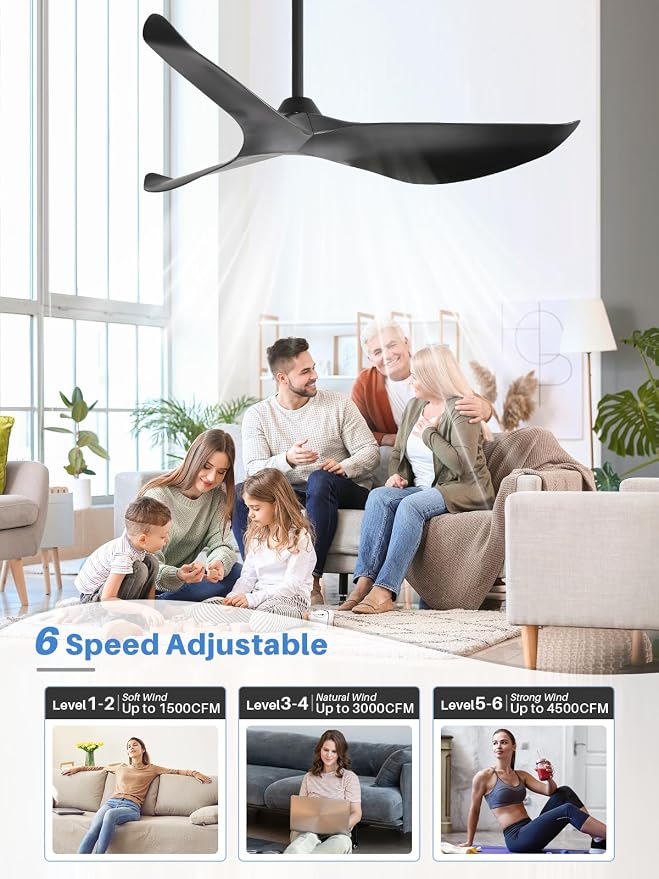 Sofucor 52 Inch Black Ceiling Fan No Light, Modern Ceiling Fan with Remote Control, Quiet Reversible DC Motor, 6-Speed Noiseless Indoor Ceiling Fan for Bedroom Living Room Covered Patio Porch