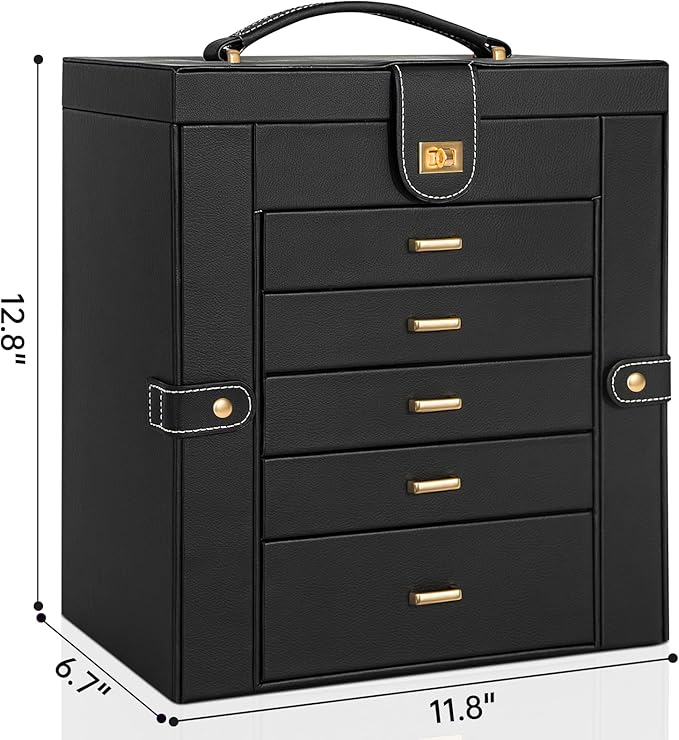AKOZLIN 6-Tier Jewelry Box Organizer Functional 5 Drawers Leather Jewelry Storage Case for Women Girls Ring Necklace Earring Bracelet Holder Organizer with Mirror Extra Large BlackBlue