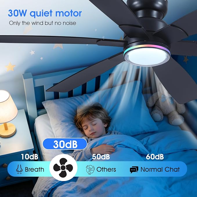 Kviflon 52" Modern Ceiling Fans with RGB Lights Remote/APP Control, Low Profile Flush Mount Ceiling Fan, 6 Reversible Plastic Blades 6 Speeds, RGB + 3 CCT Dimmable Lights for Bedroom Kidsroom, Black