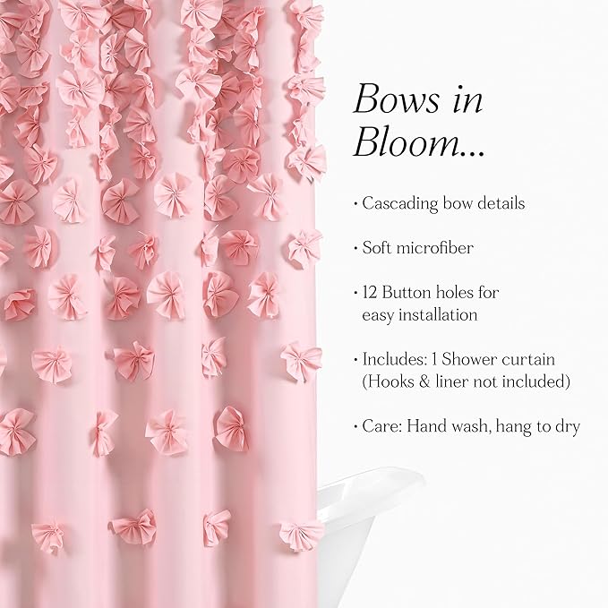 Lush Decor Riley Shower Curtain, 72" W x 72" L, Pink - Bathroom Curtain - Coquette Decor - Bow Shower Curtains - Cottage Core - Fabric Shower Curtains