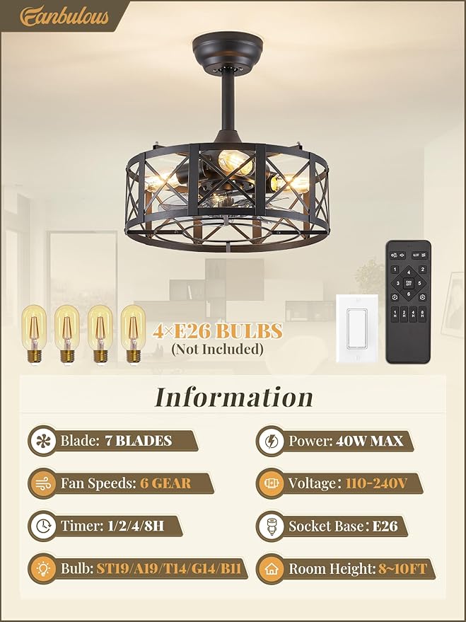 Fanbulous 16in Black Fandelier Ceiling Fans with Lights and Remote, Caged Enclosed Farmhouse Ceiling Fan with 6 Speeds and Timing, Small Bladeless Chandelier Fan Lights Ceiling Fixtures-Black