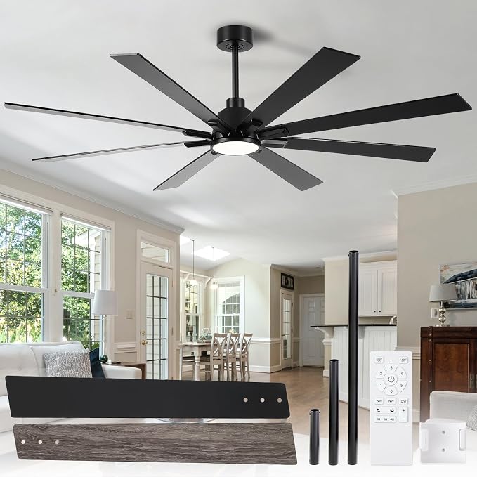72 Inch Ceiling Fans with Lights and Remote, Pure Copper DC Motor Black Large Indoor/Outdoor Modern Industrial Ceiling Fan, Quiet, 6 Speed, 3CCT, for Patios Living Room Farmhouse Garage
