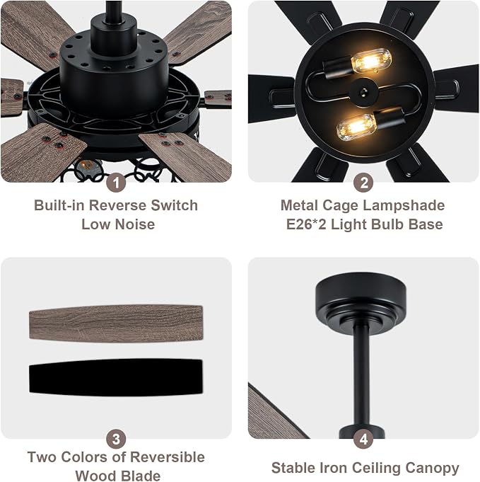 Bella Depot 60" Ceiling Fan with Light, Farmhouse Caged Chandelier Fan, Industrial Ceiling Fan Rustic Indoor Fandelier with Silent Motor for Dining Living Room Bedroom, (Bulbs not Included) (Black)