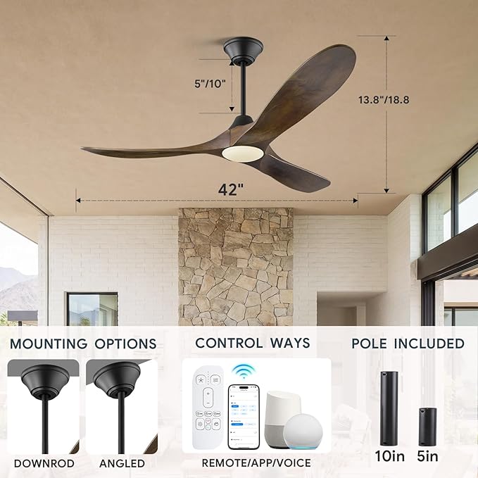 42 Inch Smart Ceiling Fan with Lights Remote, Alexa WIFI Voice Control, Low Profile Indoor/Outdoor Ceiling Fans for Patios Damp Rated, 3 Blades Wood Propeller DC Motor for Living Room,Bedroom,Porch