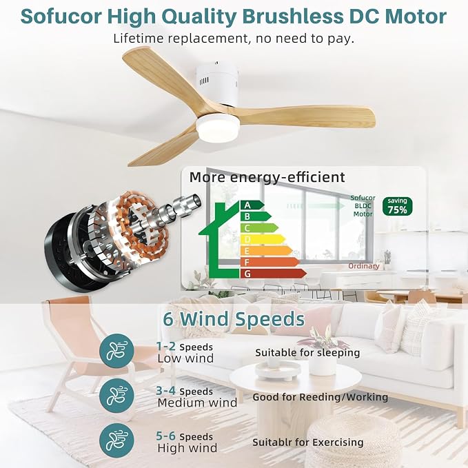 Sofucor 52 Inch Smart Natural Wood Ceiling Fans with Light Flush Mount Low Profile Modern Outdoor Solid Wood Ceiling Fan with Alexa/Google/APP/Remote Control for Bedroom/Living Room/Kitchen/Patio/Gym