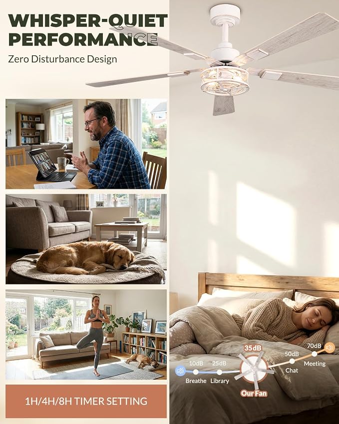 52 Inch Ceiling Fans with Lights and Remote, Modern 6 Speeds Bladeless Caged Flush Mount Ceiling Fan for Living Room Bedroomm, E12 Base, Quiet and Reversible DC Motor, White