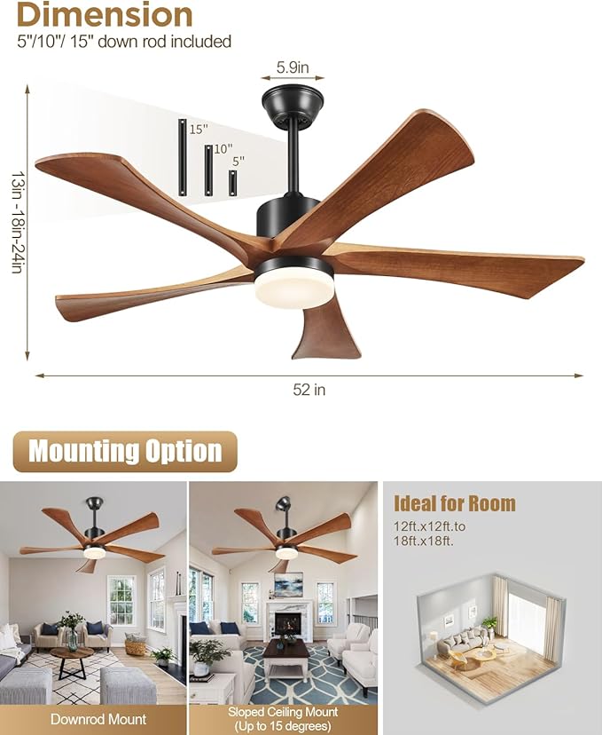Ceiling Fans with Lights and Remote, 52 Inch Outdoor Fans for Patios, USA Original Patent, ETL Listed, 3 Downrods, 5 Blades, 6 Speeds Reversible Noiseless DC Motor Wood Fans for Farmhouse, 52", Walnut