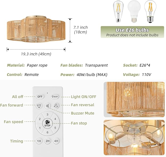 20" Boho Ceiling Fan with Light, Rattan Caged Flush Mount Ceiling Fan with Light Remote Control, Enclosed with 6 Speeds for Bedroom, Living Room, Foyer, Nursery