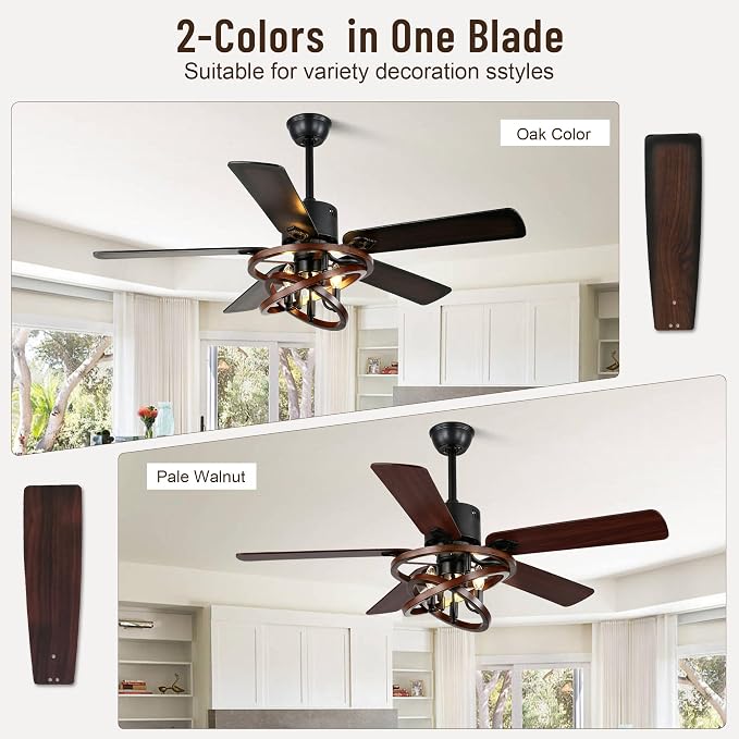 52" Adjustable Wood Grain Iron Cage Ceiling Fans with Lights | Industrial Farmhouse Ceiling Fan with 5 Reversible Dual-Color Blades,DC Quiet Motor,6 Speeds,Timer for Bedroom Living Room