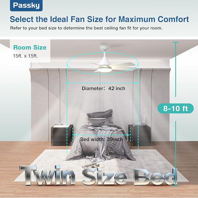Passky Ceiling Fans with Lights, 42 inch Sleek Ceiling Fan with Light and Remote Control, 3CCT, Dimmable, Reversible, Noiseless, White Ceiling Fan for Bedroom, Living Room