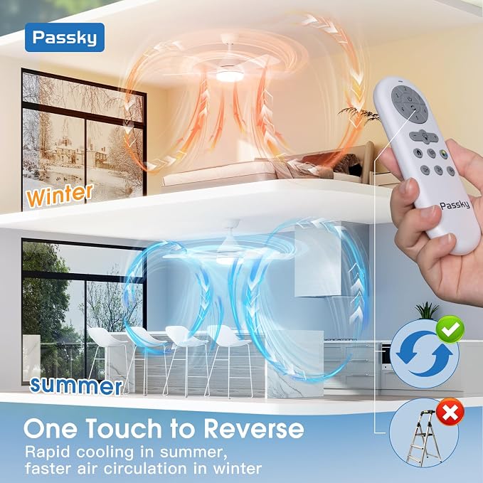 Passky Ceiling Fans with Lights, 42 inch Sleek Ceiling Fan with Light and Remote Control, 3CCT, Dimmable, Reversible, Noiseless, White Ceiling Fan for Bedroom, Living Room