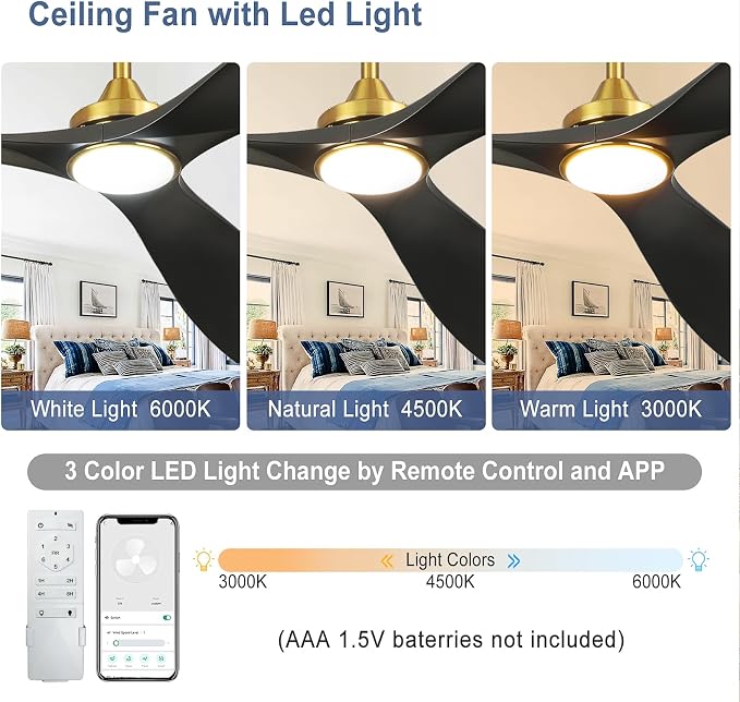 Modern Ceiling Fan with Light: Black and Gold Ceiling Fans with Remote and Smart APP Control 3 Blades - 60 Inch Ceiling Fan for Indoor Living Room Bedroom