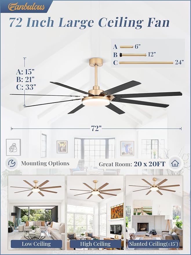 Fanbulous 72 inch Large Ceiling Fans with Lights and Remote, 27 W LED light | Outdoor Ceiling Fan with 8 Blades, 3 CCT, 6 Speed Reversible Quiet DC Motor, Modern Ceiling Fan for Living Room Patio